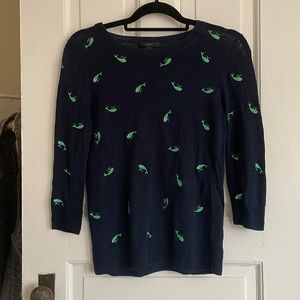 JCrew navy sweater with Kelly green whales
